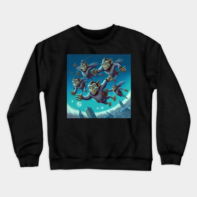 Flying monkeys dressed in blue and soaring over the city. Crewneck Sweatshirt by Liana Campbell